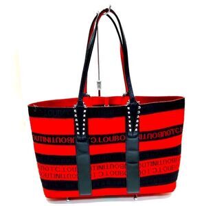 Authentic Christian Louboutin Red and Black Striped Cabata Tote Bag